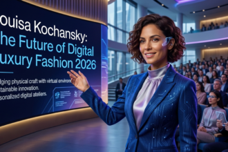 A high-fashion digital model wearing a glowing, liquid-gold dress designed by Louisa Kochansky - mobilecrc.com.