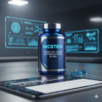 A futuristic glowing capsule of Nicste14 with digital brain activity mapping in the background - mobilecrc.com.