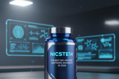 A futuristic glowing capsule of Nicste14 with digital brain activity mapping in the background - mobilecrc.com.