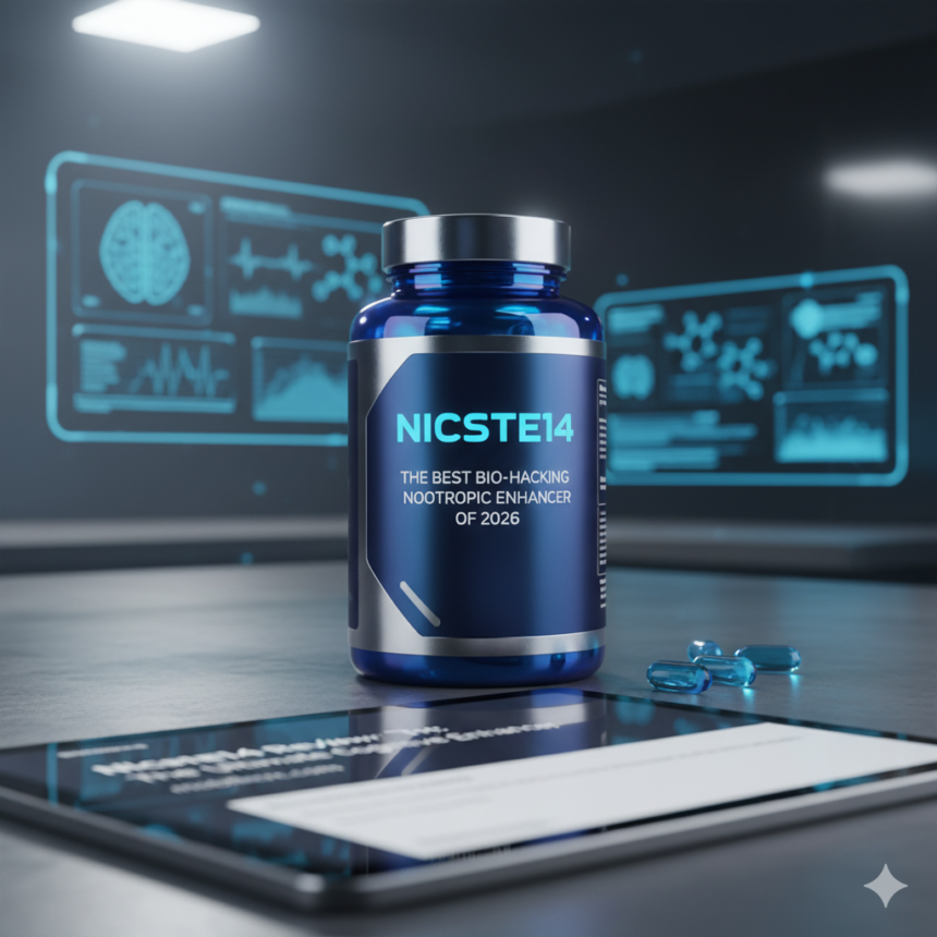 A futuristic glowing capsule of Nicste14 with digital brain activity mapping in the background - mobilecrc.com.