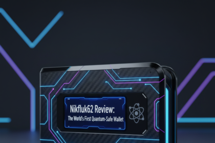 A sleek metallic Nikfluk62 crypto wallet with a glowing security shield icon - mobilecrc.com.
