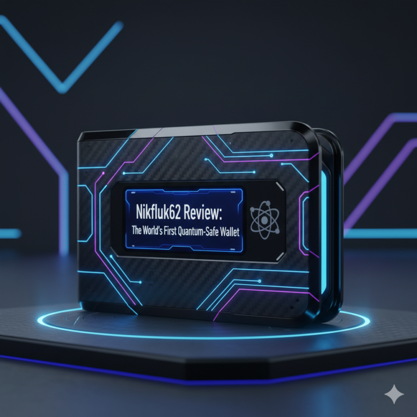 A sleek metallic Nikfluk62 crypto wallet with a glowing security shield icon - mobilecrc.com.