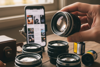 A sleek, carbon-fiber Pantagonar lens with glowing blue AI indicators on the barrel - mobilecrc.com.