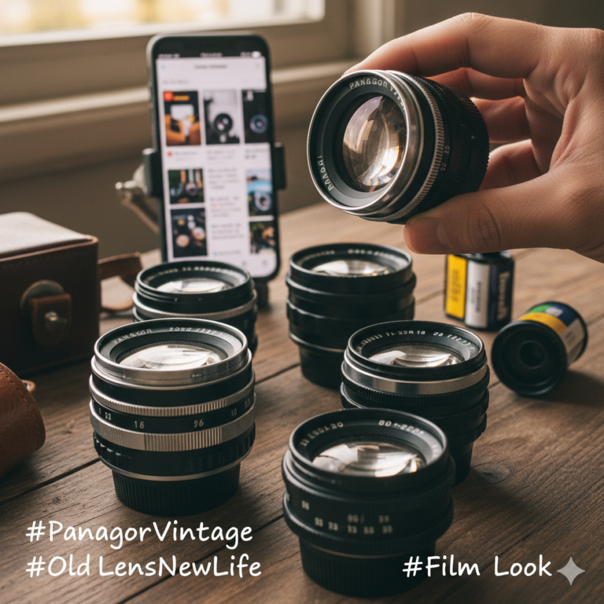 A sleek, carbon-fiber Pantagonar lens with glowing blue AI indicators on the barrel - mobilecrc.com.