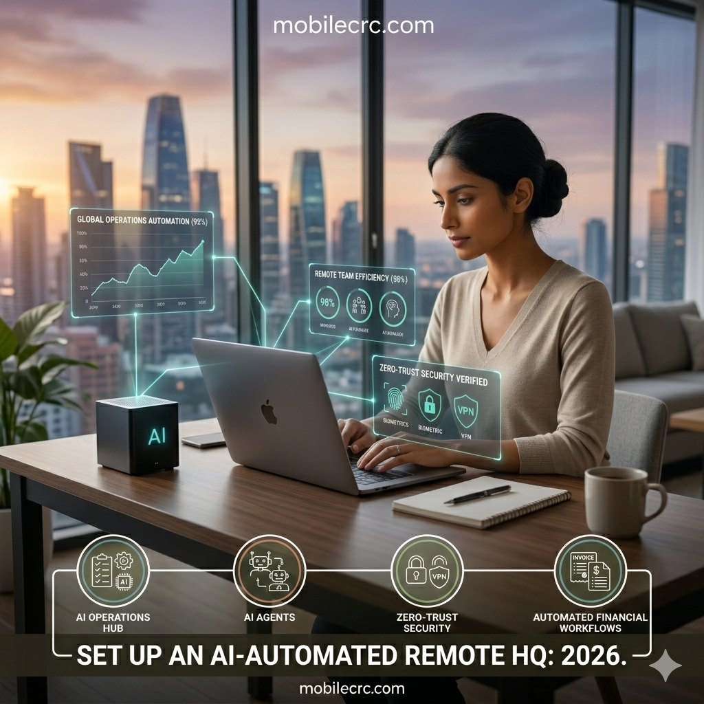How to Set Up an AI-Automated Remote Business Headquarters in 2026 A minimalist digital nomad setup with holographic business analytics - mobilecrc.com.