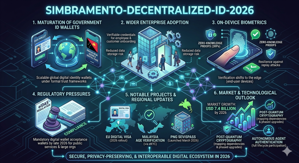 Simbramento: The End of Passwords and Plastic Sim Cards in 2026? A glowing digital fingerprint merging with a blockchain network icon - mobilecrc.com.