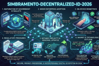 A glowing digital fingerprint merging with a blockchain network icon - mobilecrc.com.