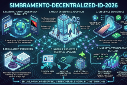 A glowing digital fingerprint merging with a blockchain network icon - mobilecrc.com.