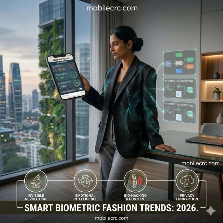 A high-tech smart shirt with glowing biometric sensor lines and a digital health overlay - mobilecrc.com.