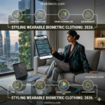 A model wearing a sleek, glowing smart jacket with biometric data overlays - mobilecrc.com.