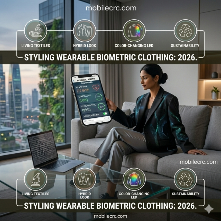 A model wearing a sleek, glowing smart jacket with biometric data overlays - mobilecrc.com.